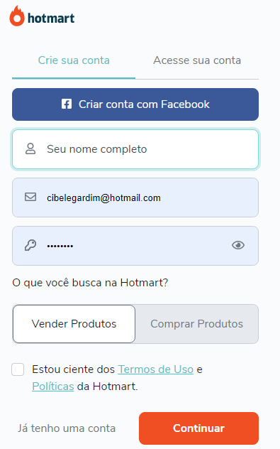 criar conta na hotmart