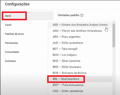 Configuração do canal