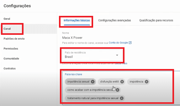palavras chaves do canal