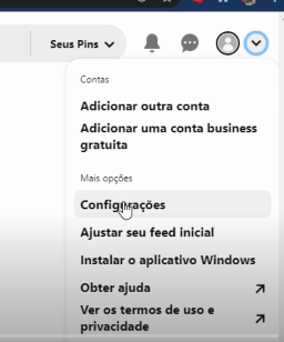 configurações do perfil do pinterest