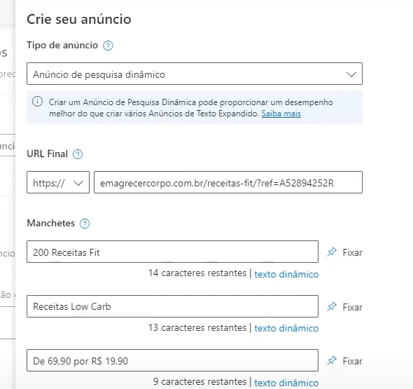 Tipo de anúncio no Bing Ads