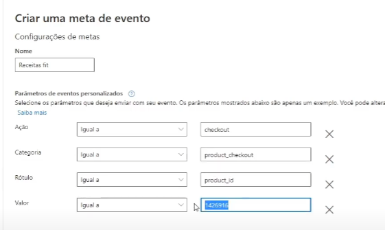 criar uma meta de evento no bing