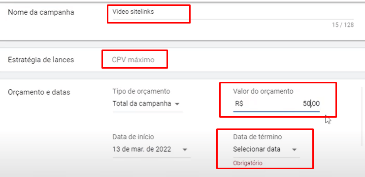 configuração campanha de vídeo discovery