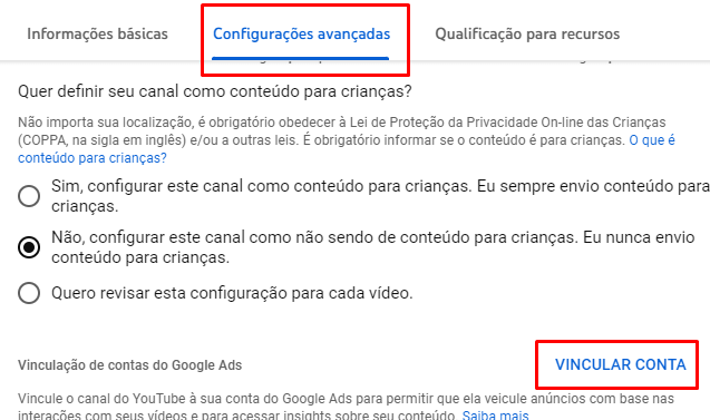 vincular conta youtube